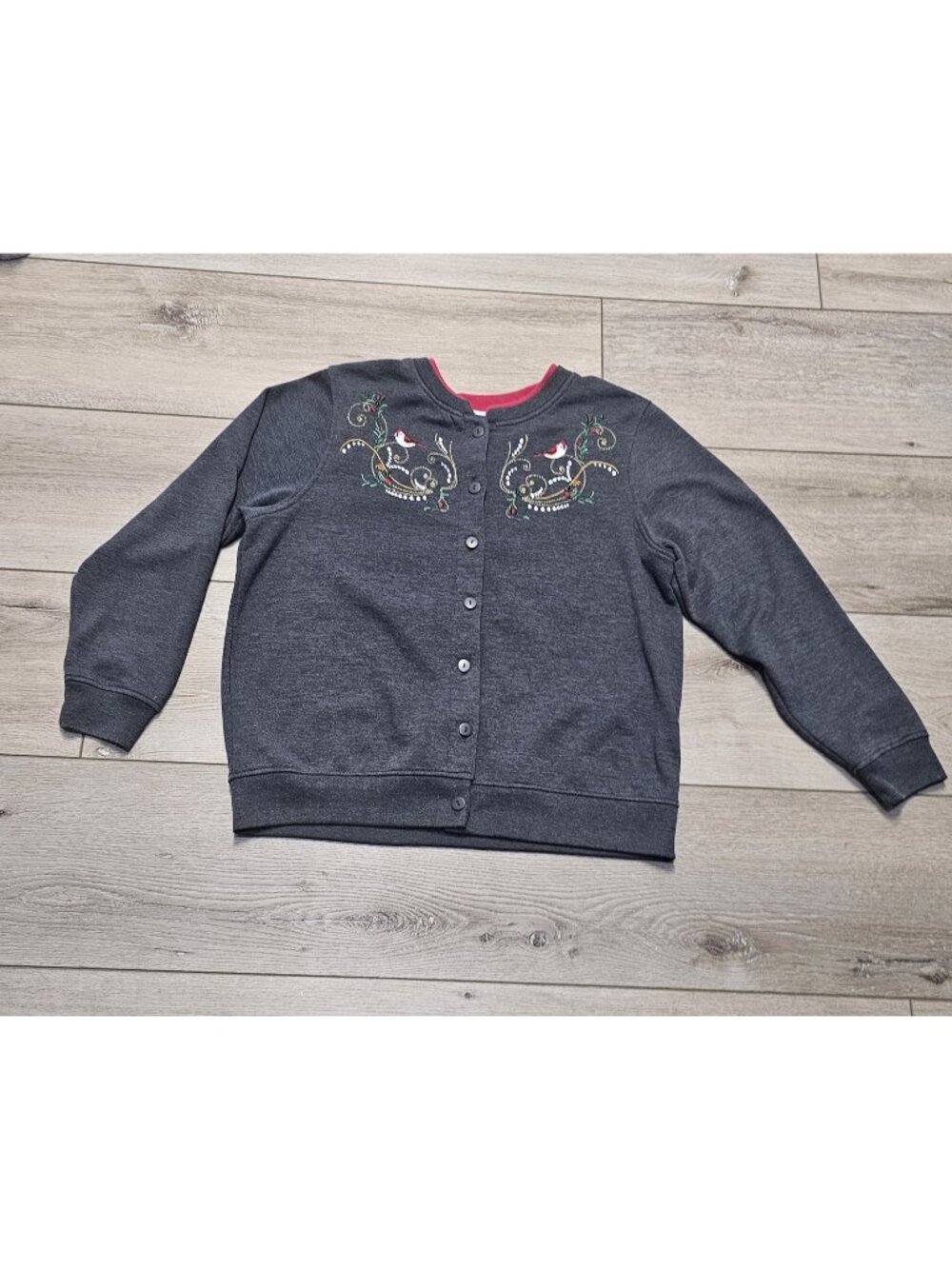 Vintage Shenanigans Embroidered Cardigan Sweater Women's Medium Dark Gray Red...